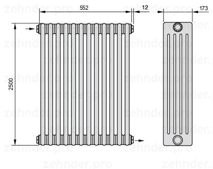 Схема (чертеж) Радиатор Zehnder Charleston 5250/12 №1670 Белый глянцевый RAL 9016